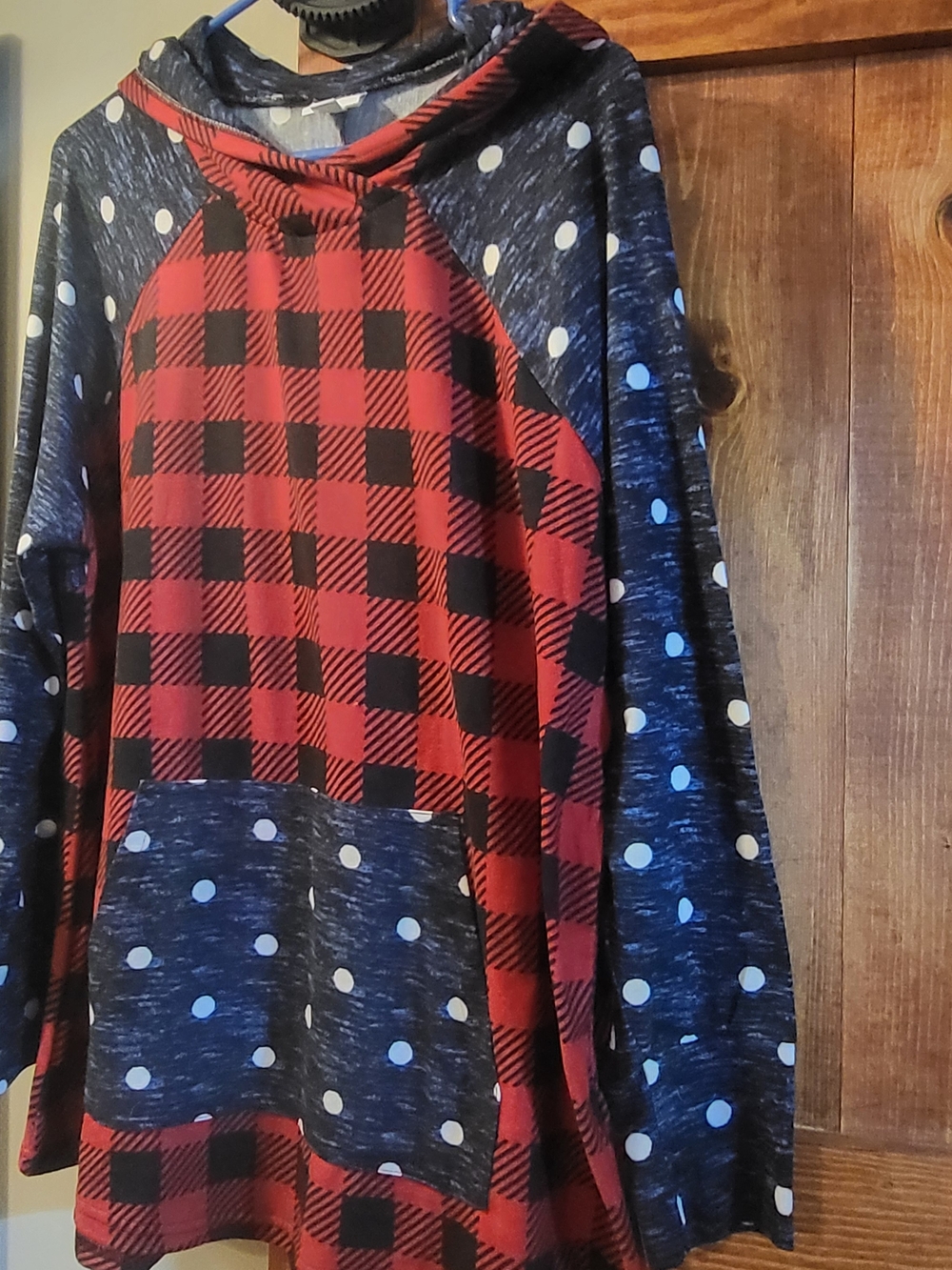 LuLaRoe Amber- Red, Blue, Black Buffalo Plaid with Polka Dot Hoodie